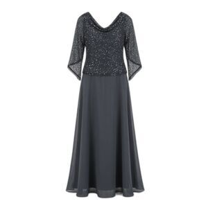 J Kara Women's Plus Size 14 Gray Long Beaded Cowl Neck Chiffon Evening Gown